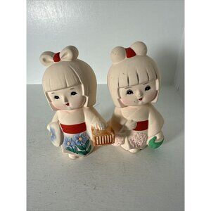 Pair of 5” Vintage JAPAN Hakata Bisque Doll in Pink Kimino with Basket And Bag